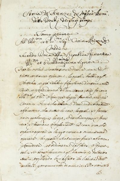 BENEDETTO VARCHI : Storia di Firenze di Messer Bene / detto Varchi de suoj tempi [...] Copia di alcune lettere / di Gio: Batta di Bernardo Busini / scritte a M. Bened.tto Varchi / delle cose seguite in Fir[enze] dall'anno 1527 fino al anno 1530.  - Asta Autografi e manoscritti, Futurismo, libri del Novecento e libri d'artista [Parte I] - Associazione Nazionale - Case d'Asta italiane