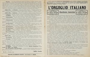 Filippo Tommaso Marinetti : L?Orgoglio italiano. Manifesto futurista. [Segue: Il Futurismo e la Guerra. Cronaca sintetica].  - Asta Autografi e manoscritti, Futurismo, libri del Novecento e libri d'artista [Parte I] - Associazione Nazionale - Case d'Asta italiane