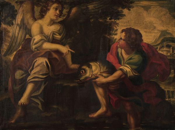 Scuola del XVII secolo Tobiolo e langelo  - Asta Pittura Antica - Associazione Nazionale - Case d'Asta italiane