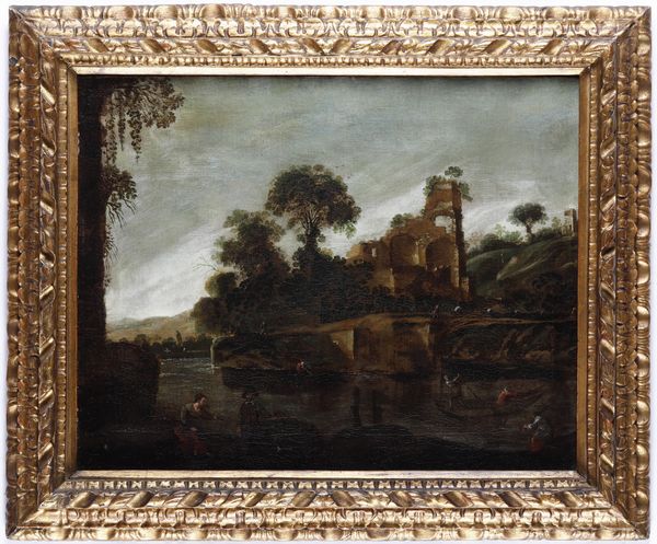 Francesco Graziani detto Ciccio Napoletano, Cerchia di : Paesaggio con rovine e personaggi in riva al fiume  - Asta Pittura Antica - Associazione Nazionale - Case d'Asta italiane