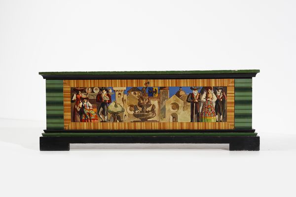 WENTER MARINI GIORGIO (1890 - 1973) : Cassapanca in legno dipinto con riferimenti alla citt di Parma  - Asta Asta 420 | DESIGN E ARTI DECORATIVE DEL NOVECENTO Online - Associazione Nazionale - Case d'Asta italiane