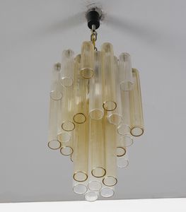 VENINI : Lampada a sospensione con struttura in acciaio e pendenti a elementi cilindrici in vetro trasparente incolore e pagliesco  - Asta Asta 420 | DESIGN E ARTI DECORATIVE DEL NOVECENTO Online - Associazione Nazionale - Case d'Asta italiane