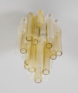 VENINI : Lampada a sospensione con struttura in acciaio e pendenti a elementi cilindrici in vetro trasparente incolore e pagliesco  - Asta Asta 420 | DESIGN E ARTI DECORATIVE DEL NOVECENTO Online - Associazione Nazionale - Case d'Asta italiane