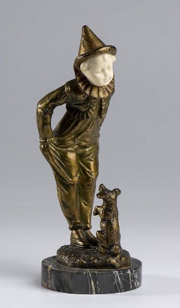 Scultura francese in bronzo raffigurante Pierrot - firmata OMERTH Georges (attivo 1895-1925)  - Asta Mobili e Oggetti d'Arte dal XVII all'inizio del XX Secolo - Associazione Nazionale - Case d'Asta italiane