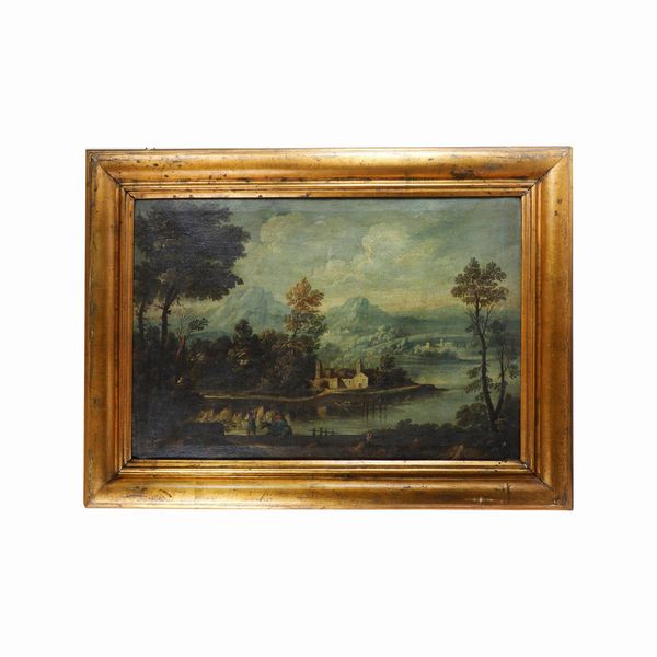 Scorcio di paesaggio con monti, fiume e costruzioni  - Asta Smart Auction: Arredi, Dipinti, Sculture e altro a prezzi vantaggiosi - Associazione Nazionale - Case d'Asta italiane