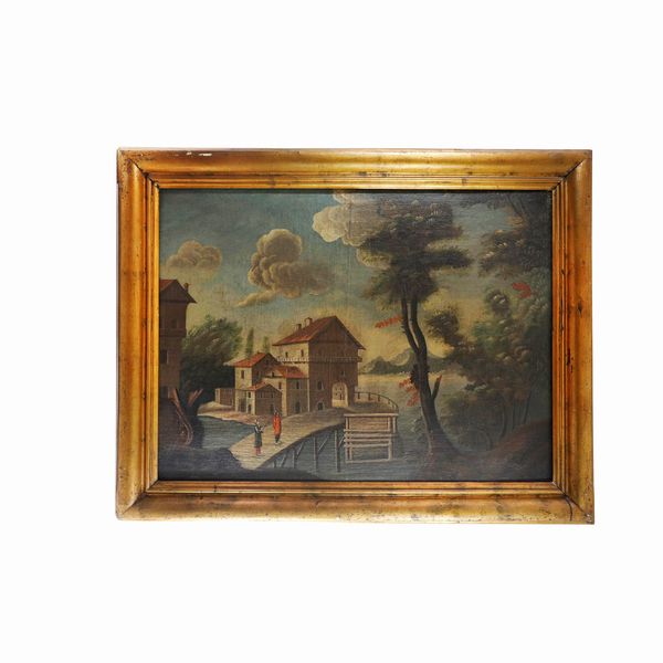 Scorcio di paesaggio con fiume e personaggi e costruzioni  - Asta Smart Auction: Arredi, Dipinti, Sculture e altro a prezzi vantaggiosi - Associazione Nazionale - Case d'Asta italiane