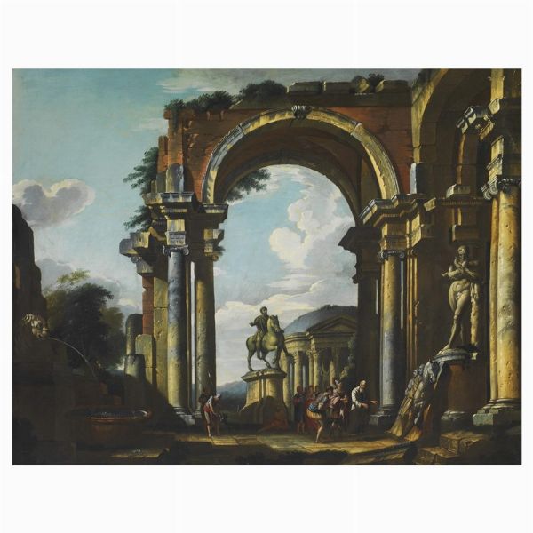 Seguace di Giovanni Paolo Panini, sec. XVIII  - Asta ARCADE I DIPINTI DAL XVI AL XVIII SECOLO - Associazione Nazionale - Case d'Asta italiane