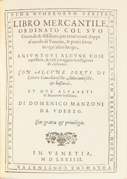 Ristampa anastatica dell'edizione Venezia 1574:  Domenico Manzoni da Oderzo. Libro mercantile ordinato col suo Giornale & Alfabeto  - Asta Libri Antichi e Stampe - Associazione Nazionale - Case d'Asta italiane