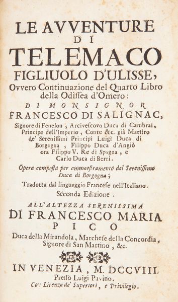 Francesco di Salignac - Le avventure di Telemaco figliuolo d'Ulisse  - Asta Libri Antichi e Stampe - Associazione Nazionale - Case d'Asta italiane