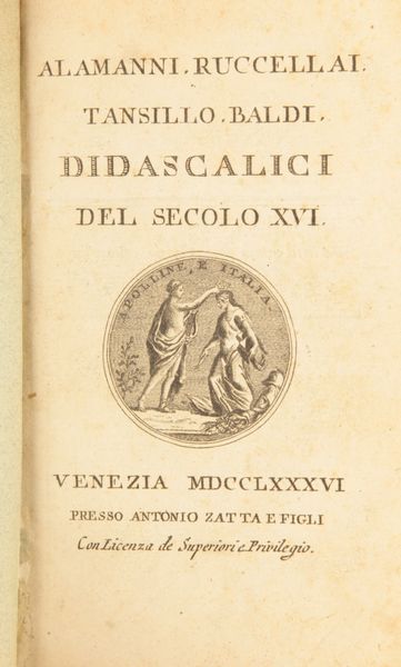 L. Alamanni, G. Ruccellai, L. Tansillo, B. Baldi - Didascalici del secolo XVI; Girolamo Baruffaldi e Gian Battista Spolverini - Poemi Georgici del secolo XVIII.  - Asta Libri Antichi e Stampe - Associazione Nazionale - Case d'Asta italiane