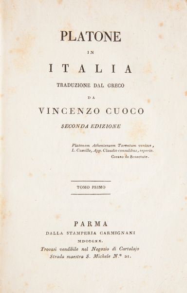 Vicenzo Cuoco - Platone in Italia. Traduzione dal Greco da Vincenzo Cuoco. Vol. I-II  - Asta Libri Antichi e Stampe - Associazione Nazionale - Case d'Asta italiane