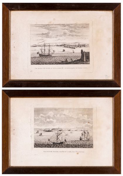 Coppia di incisioni del XVIII secolo: a) Vue de la Ville, Fortresse, et du Port de S.Aubin, dans l'Ile de Jersey; b) Vue du Port et de la Ville de St. Pierre, dans l'Ile de Guernsey, prise du Chateau Cornet  - Asta Libri Antichi e Stampe - Associazione Nazionale - Case d'Asta italiane