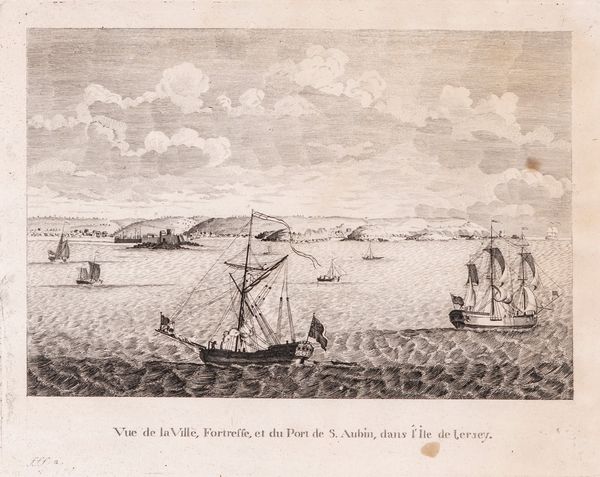 Coppia di incisioni del XVIII secolo: a) Vue de la Ville, Fortresse, et du Port de S.Aubin, dans l'Ile de Jersey; b) Vue du Port et de la Ville de St. Pierre, dans l'Ile de Guernsey, prise du Chateau Cornet  - Asta Libri Antichi e Stampe - Associazione Nazionale - Case d'Asta italiane