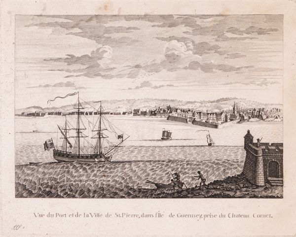 Coppia di incisioni del XVIII secolo: a) Vue de la Ville, Fortresse, et du Port de S.Aubin, dans l'Ile de Jersey; b) Vue du Port et de la Ville de St. Pierre, dans l'Ile de Guernsey, prise du Chateau Cornet  - Asta Libri Antichi e Stampe - Associazione Nazionale - Case d'Asta italiane