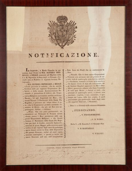 Notificazione del Granducato di Toscana emanata dal Granduca Ferdinando III il 10 Gennaio 1817  - Asta Libri Antichi e Stampe - Associazione Nazionale - Case d'Asta italiane