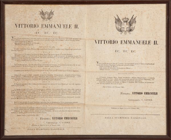 Decreto di Vittorio Emanuele II Re d'Italia datato 12/1/1861 e contrassegnato Camillo Benso Conte di Cavour, per la nomina del Principe Eugenio di Savoia Carignano a Luogotenente Generale delle Provincie Napoletane a seguito dell'annessione delle stesse al Regno Italiano del 17/12/1860  - Asta Libri Antichi e Stampe - Associazione Nazionale - Case d'Asta italiane