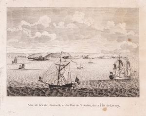 Coppia di incisioni del XVIII secolo: a) Vue de la Ville, Fortresse, et du Port de S.Aubin, dans l'Ile de Jersey; b) Vue du Port et de la Ville de St. Pierre, dans l'Ile de Guernsey, prise du Chateau Cornet  - Asta Libri Antichi e Stampe - Associazione Nazionale - Case d'Asta italiane