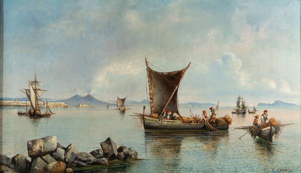 Consalvo Carelli : Pescatori nel golfo di Napoli  - Asta Arte Figurativa tra XIX e XX Secolo - Associazione Nazionale - Case d'Asta italiane