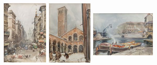 Aldo Raimondi : Vedute di Milano: Sant'Ambrogio; la Darsena; verso il Castello Sforzesco  - Asta Arte Figurativa tra XIX e XX Secolo - Associazione Nazionale - Case d'Asta italiane