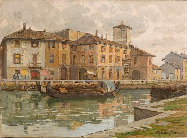 Arturo Ferrari : La Darsena del Naviglio Vallone  - Asta Arte Figurativa tra XIX e XX Secolo - Associazione Nazionale - Case d'Asta italiane