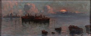 Scuola del secolo XIX : Barche al tramonto  - Asta Arte Figurativa tra XIX e XX Secolo - Associazione Nazionale - Case d'Asta italiane
