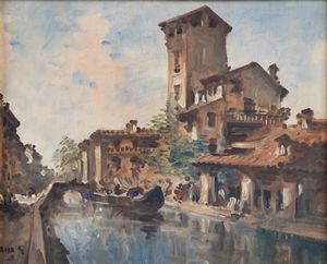 Giovanni Riva : La Pusterla e Naviglio  - Asta Arte Figurativa tra XIX e XX Secolo - Associazione Nazionale - Case d'Asta italiane