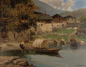 Bruto Mazzolani : Lago di Como, Corenno  - Asta Arte Figurativa tra XIX e XX Secolo - Associazione Nazionale - Case d'Asta italiane