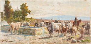 Attribuito a Enrico Coleman (Roma 1846-1911) - Buttero con buoi