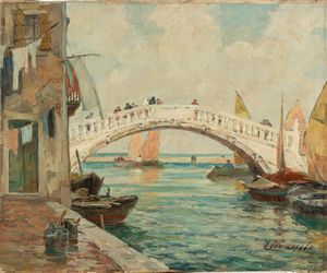 EUGENIO BONIVENTO : Sul ponte veneziano  - Asta Arte Figurativa tra XIX e XX Secolo - Associazione Nazionale - Case d'Asta italiane