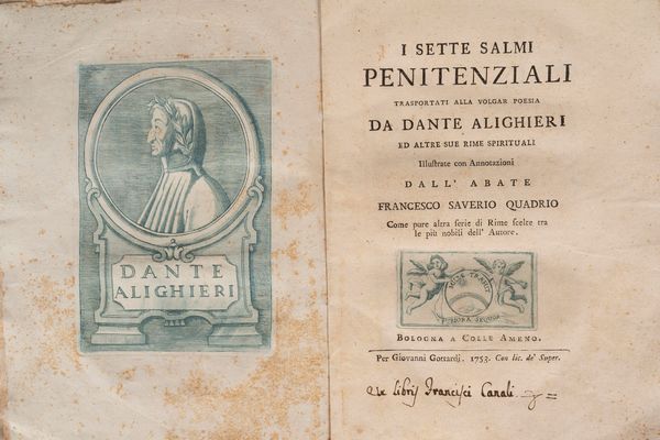 Francesco Saverio Quadrio : I sette salmi penitenziali trasportati alla volgar poesia da Dante Alighieri ed altre sue rime spirituali.  - Asta Libri, Autografi e Stampe - Associazione Nazionale - Case d'Asta italiane