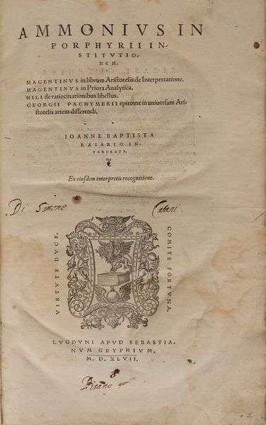 Ammonio di Ermia : Ammonius in Porphyrii Institutionem  - Asta Libri, Autografi e Stampe - Associazione Nazionale - Case d'Asta italiane