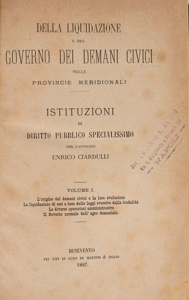 Enrico Ciardulli : Della liquidazione e del governo dei Demani civici nelle Provincie meridionali. Istituzioni di diritto pubblico specialissimo.; Il Comune nell'Italia Meridionale. (1100 - 1806). Studio storico.  - Asta Libri, Autografi e Stampe - Associazione Nazionale - Case d'Asta italiane