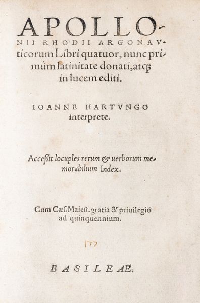 Apollonio Rodio : Argonauticorum Libri quatuor  - Asta Libri, Autografi e Stampe - Associazione Nazionale - Case d'Asta italiane