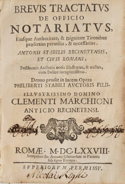 Antonio Stabili : Brevis Tractatus De Officio Notariatus  - Asta Libri, Autografi e Stampe - Associazione Nazionale - Case d'Asta italiane
