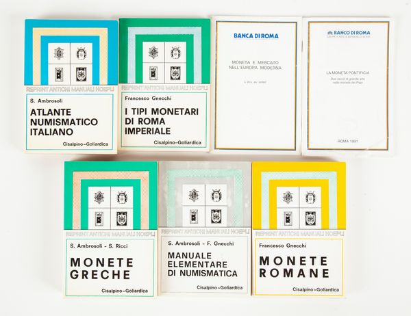 Lotto di sette volumi: 1) S. Ambrosoli, S. Ricci - Monete Greche, Cisalpino Goliardica 1983 2) F. Gnecchi - Monete Romane, Cisalpino Goliardica 1981 3) F. Gnecchi - I tipi monetari di Roma Imperiale, Cisalpino Goliardica 1978 4) S. Ambrosoli - Atlante Numismatico Italiano, Cisalpino Goliardica 1979 5) S. Ambrosoli, F. Gnecchi - Manuale elementare di numismatica, Cisalpino Goliardica 1983 6) S. Balbi De Caro - La Moneta Pontificia, Roma 1991 7)  S. Balbi De Caro - L'Ecu au soleil, Roma 1992  - Asta Numismatica - Associazione Nazionale - Case d'Asta italiane