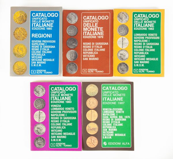 5 Cataloghi Unificato delle Monete Italiane - Edizioni 1979, 1982, 1983, 1987 e Regioni 1985  - Asta Numismatica - Associazione Nazionale - Case d'Asta italiane