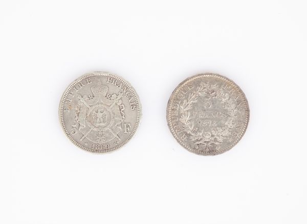 2 monete da 5 Franchi Francia: 1869 Parigi Napoleone III e 1876 Parigi Terza Repubblica  - Asta Numismatica - Associazione Nazionale - Case d'Asta italiane