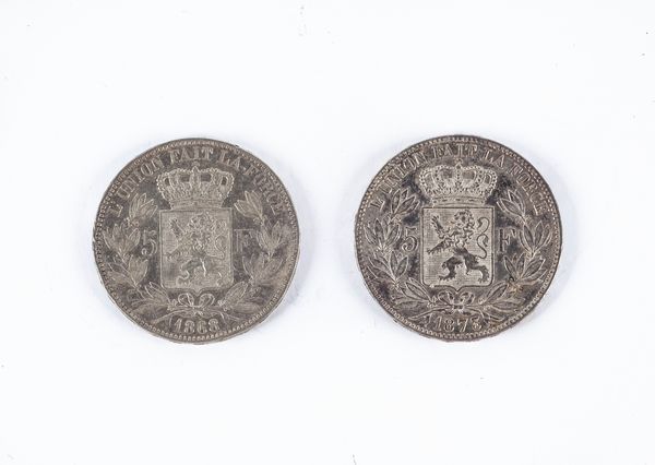 2 monete 5 Franchi 1868, 1873 Leopoldo II Regno del Belgio  - Asta Numismatica - Associazione Nazionale - Case d'Asta italiane