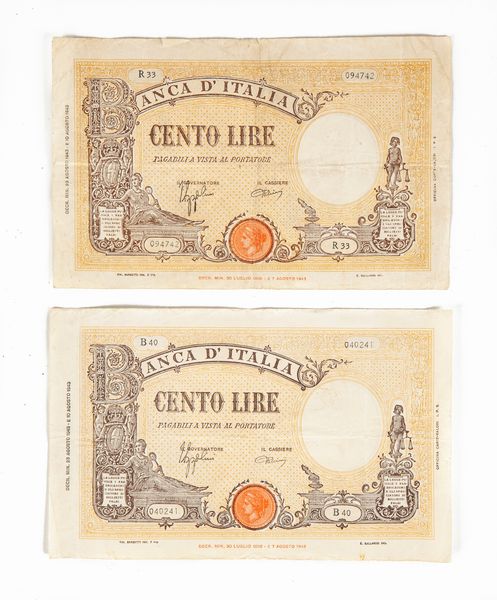 Lotto di cartamoneta: 2 esemplari 100 Lire tipo Barbetti Grande B 08-10-1943 Azzolini/Urbini Repubblica Sociale Italiana; insieme a cartamoneta del Regno d'Italia e Luogotenenza, AM Lire 1943 ed estera  - Asta Numismatica - Associazione Nazionale - Case d'Asta italiane