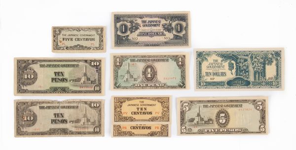 Lotto Banconote: 2 esemplari 10 Centavos, 1 Peso, 5 Pesos, 10 Pesos Filippine Occupazione Giapponese; 1 Dollaro, 10 Dollari Malesia Britannica (Malaya) Occupazione Giapponese 1942-44 2a Guerra Mondiale  - Asta Numismatica - Associazione Nazionale - Case d'Asta italiane