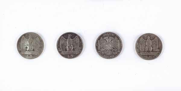 5 Lek XVII 1939 Albania; 5 Lire 1927; 2 monete da 5 Lire 1929 Vittorio Emanuele II Regno d'Italia  - Asta Numismatica - Associazione Nazionale - Case d'Asta italiane