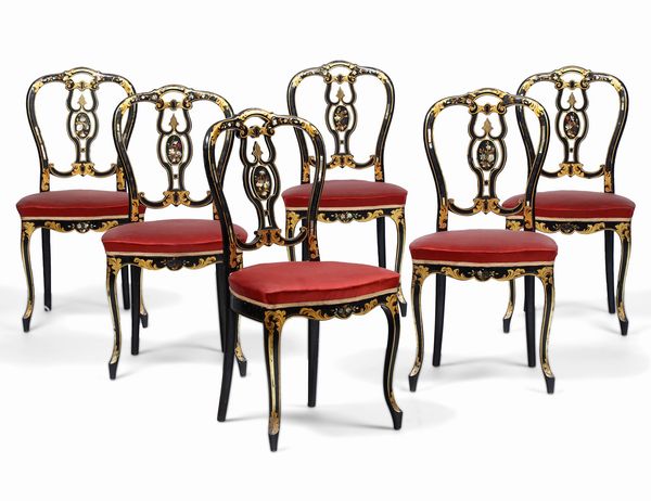 Sei sedie in legno ebanizzato e intarsiato  - Asta Antiquariato e dipinti - Associazione Nazionale - Case d'Asta italiane