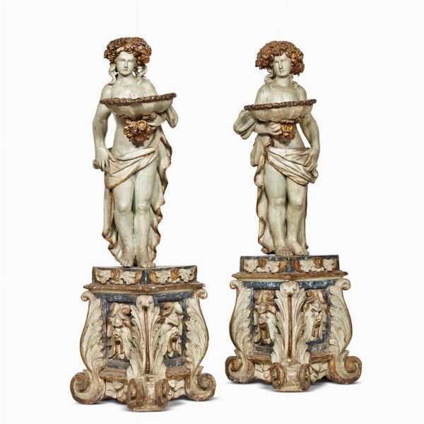 COPPIA DI FIGURE REGGIVASO, TOSCANA, INIZI SECOLO XVIII  - Asta MOBILI E OGGETTI D'ARTE DA COLLEZIONI PRIVATE - Associazione Nazionale - Case d'Asta italiane