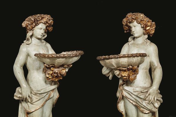 COPPIA DI FIGURE REGGIVASO, TOSCANA, INIZI SECOLO XVIII  - Asta MOBILI E OGGETTI D'ARTE DA COLLEZIONI PRIVATE - Associazione Nazionale - Case d'Asta italiane