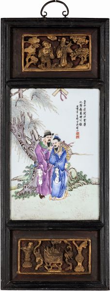 Quattro pannelli in legno intagliato con placche porcellana, Cina, fine dinastia Qing  - Asta Antiquariato - Mobili, Sculture e Oggetti d'Arte - Associazione Nazionale - Case d'Asta italiane