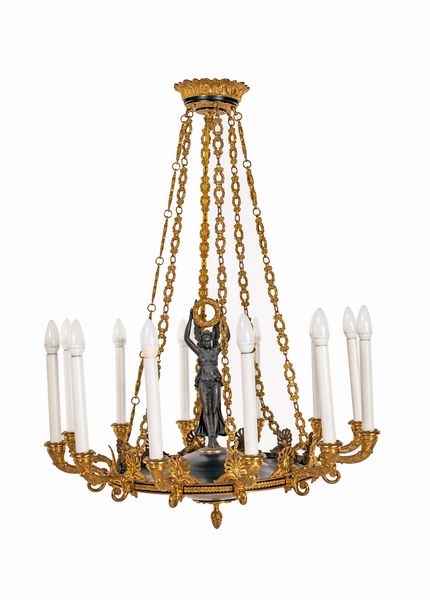 Lampadario in bronzo brunito e dorato a dodici luci  - Asta Antiquariato - Mobili, Sculture e Oggetti d'Arte - Associazione Nazionale - Case d'Asta italiane