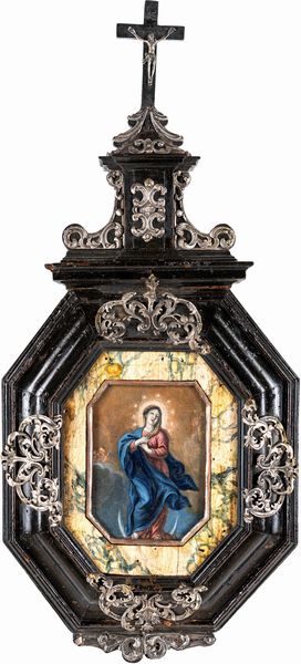 Altarolo in legno ebanizzato e argento, XVIII secolo  - Asta Antiquariato - Mobili, Sculture e Oggetti d'Arte - Associazione Nazionale - Case d'Asta italiane