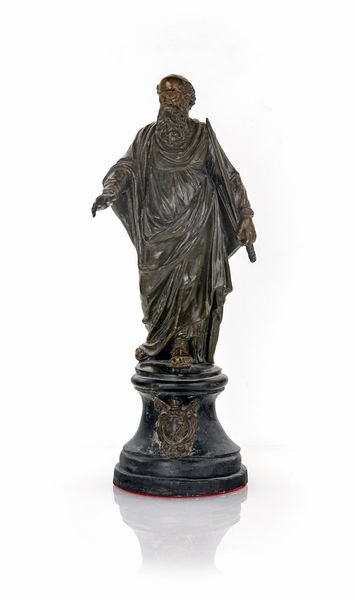 Scultura in terracotta patinata ad imitazione del bronzo raffigurante San Paolo, XIX secolo  - Asta Antiquariato - Mobili, Sculture e Oggetti d'Arte - Associazione Nazionale - Case d'Asta italiane