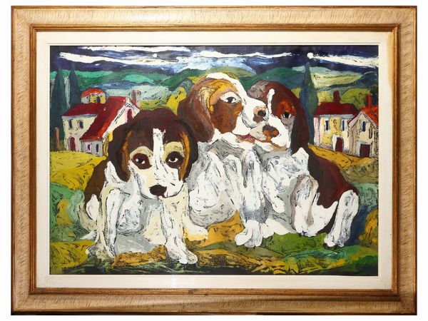 Giuseppe Serafini : Paesaggio con tre cuccioli di cane  - Asta Arte Moderna e Contemporanea - Associazione Nazionale - Case d'Asta italiane