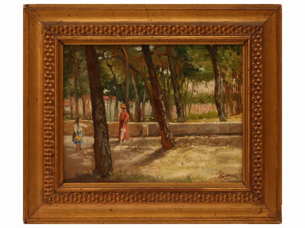 Scuola toscana dell'inizio del XX secolo : Passeggiata al parco  - Asta Arte Moderna e Contemporanea - Associazione Nazionale - Case d'Asta italiane